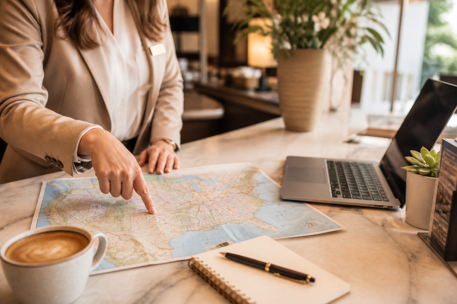 Conseillère Cap Amérique planifiant un itinéraire sur une carte des États-Unis