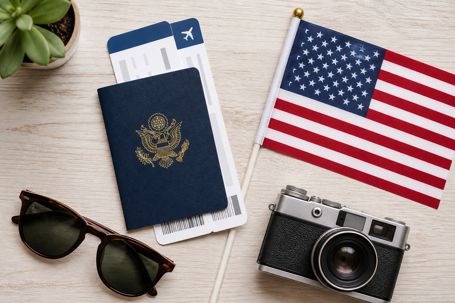 Passeport, carte d'embarquement et drapeau américain