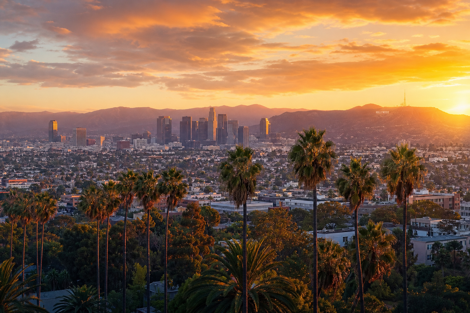 Los Angeles, palmiers et collines d'Hollywood au coucher du soleil