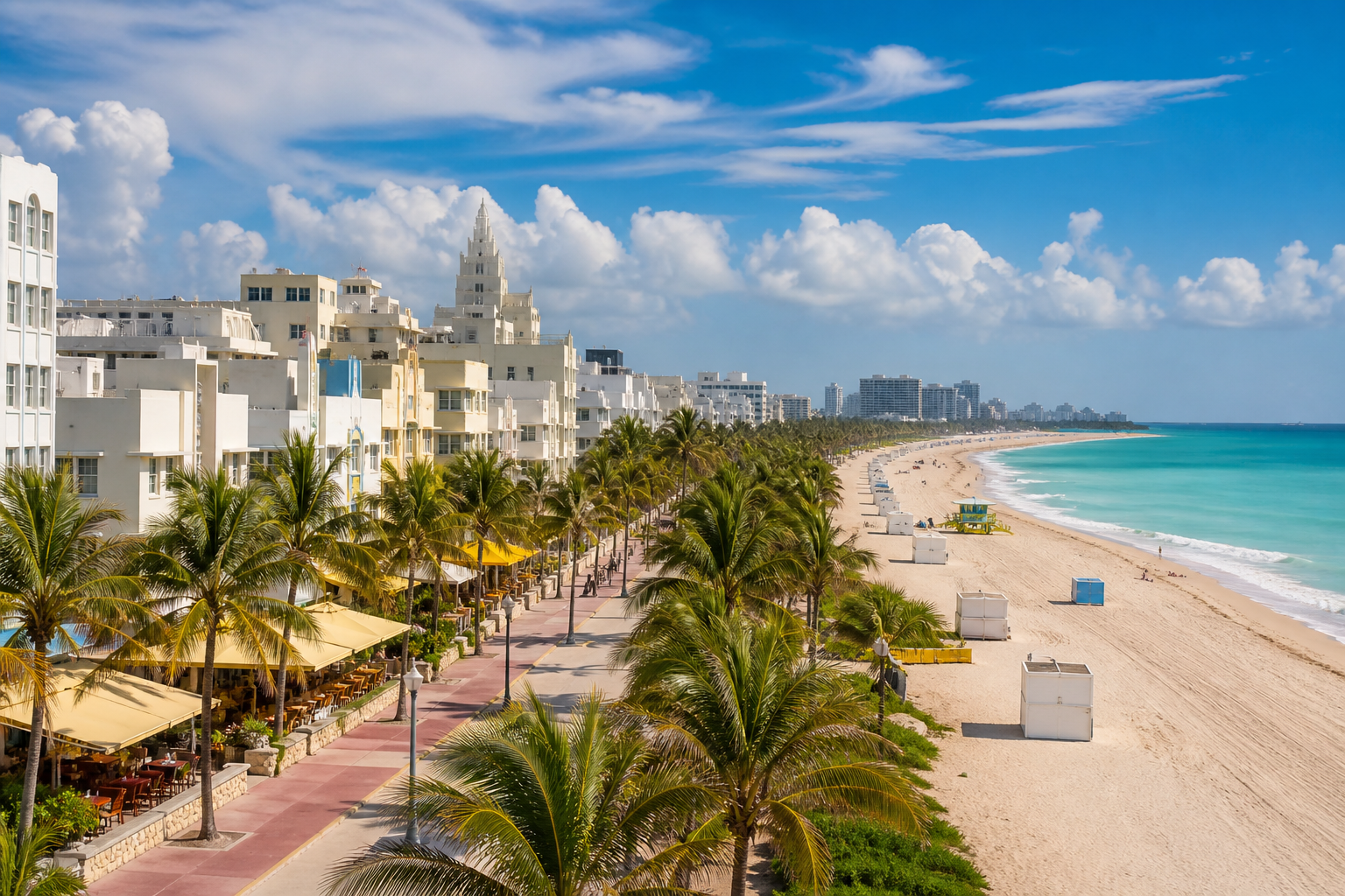 Miami, plage de South Beach et bâtiments Art déco