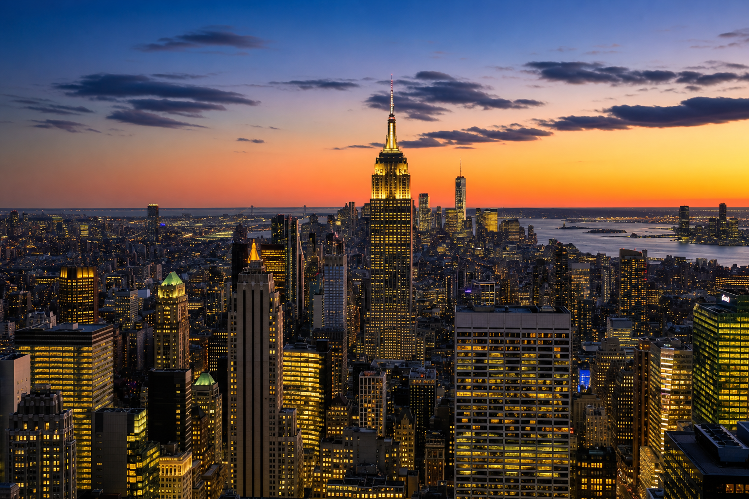 New York, skyline de Manhattan au crépuscule